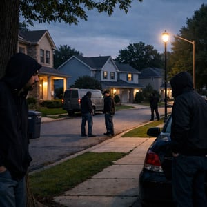 Neighborhood with shifty people lurking around