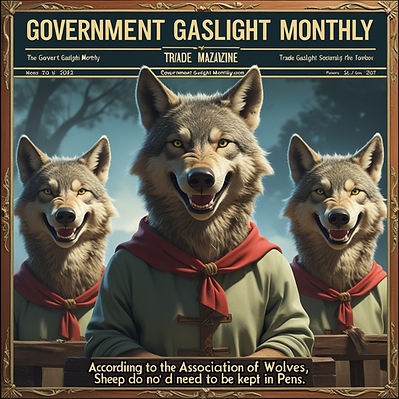 Three Wolves On Cover of Government Gas Light Monthly Magazine. Article is "According to Association of Wolves, Sheep do not need to be protected"